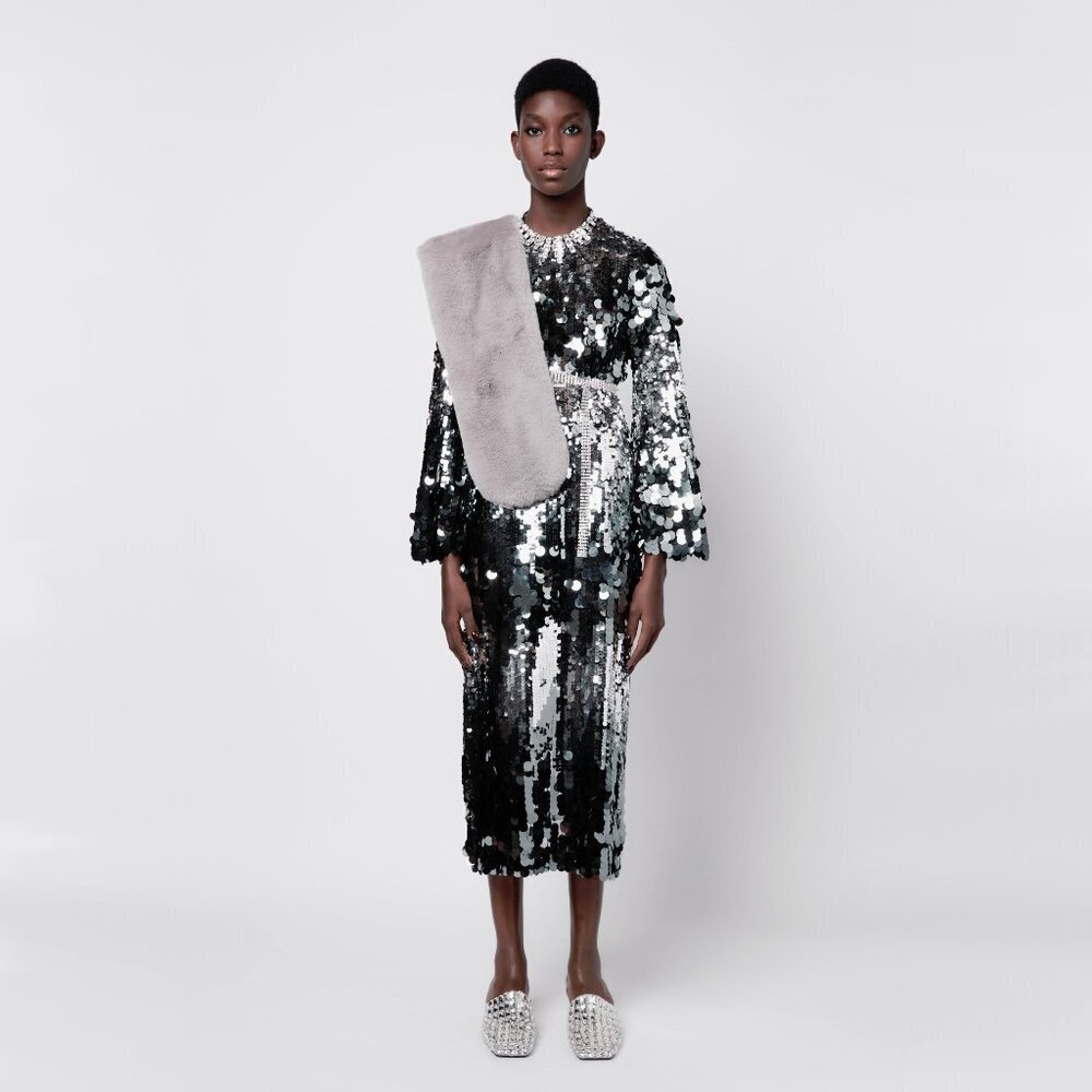 NWT Zara silver grey disc sequin long sleeve cropped top & midi skirt bundle set